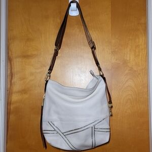 FOSSIL Leather Crossbody, Off-White With Metallic Silver Pattern & Brown Straps